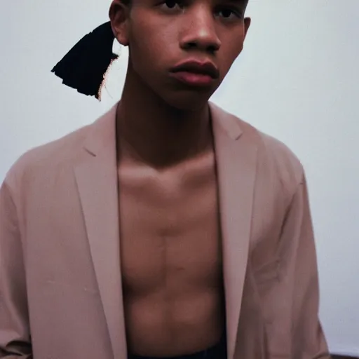 Prompt: realistic! photoshoot for a new acne lookbook, color film photography, portrait of a beautiful model, photo in style of tyler mitchell, 35mm