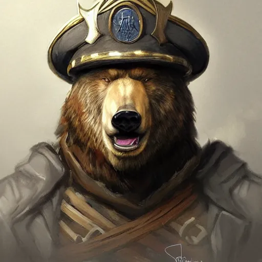 Image similar to dashing charming grinning charismatic bear beast-man rogue, wearing captain's tricorne hat, naval background, amazing, lifelike award winning pencil illustration trending on art station artgerm Greg rutkowski cinematic