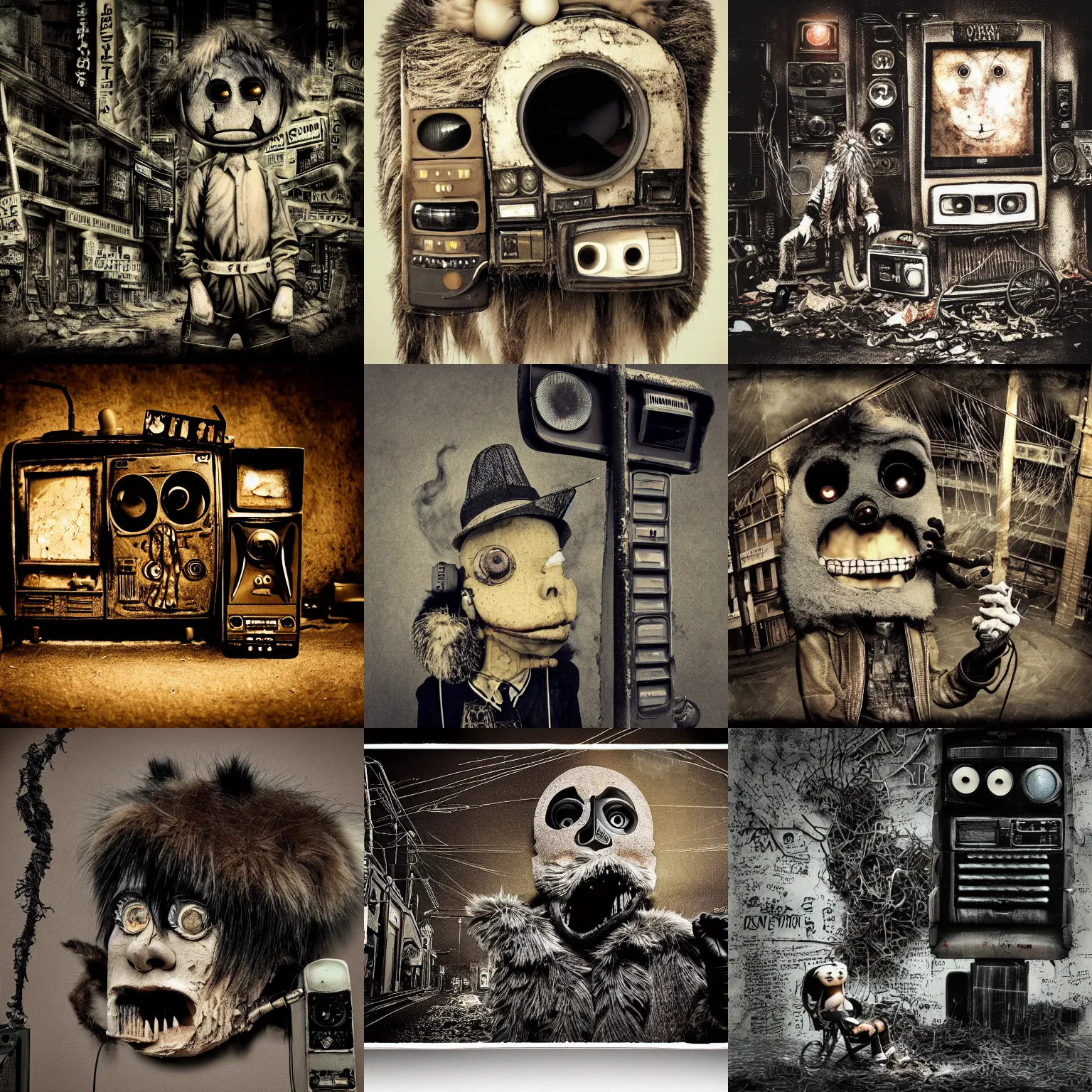 Prompt: Boulevard of broken dreams animatronic, black smoke, pale beige sky, junk tv, texture, strange, impossible, fur, spines, mouth, pipe brain, shell, brown mud, dust, bored expression, overhead wires, telephone pole, dusty, dry, pencil marks, genius party,shinjuku, koju morimoto, katsuya terada, masamune shirow, tatsuyuki tanaka hd, 4k, remaster, dynamic camera angle, deep 3 point perspective, fish eye, dynamic scene