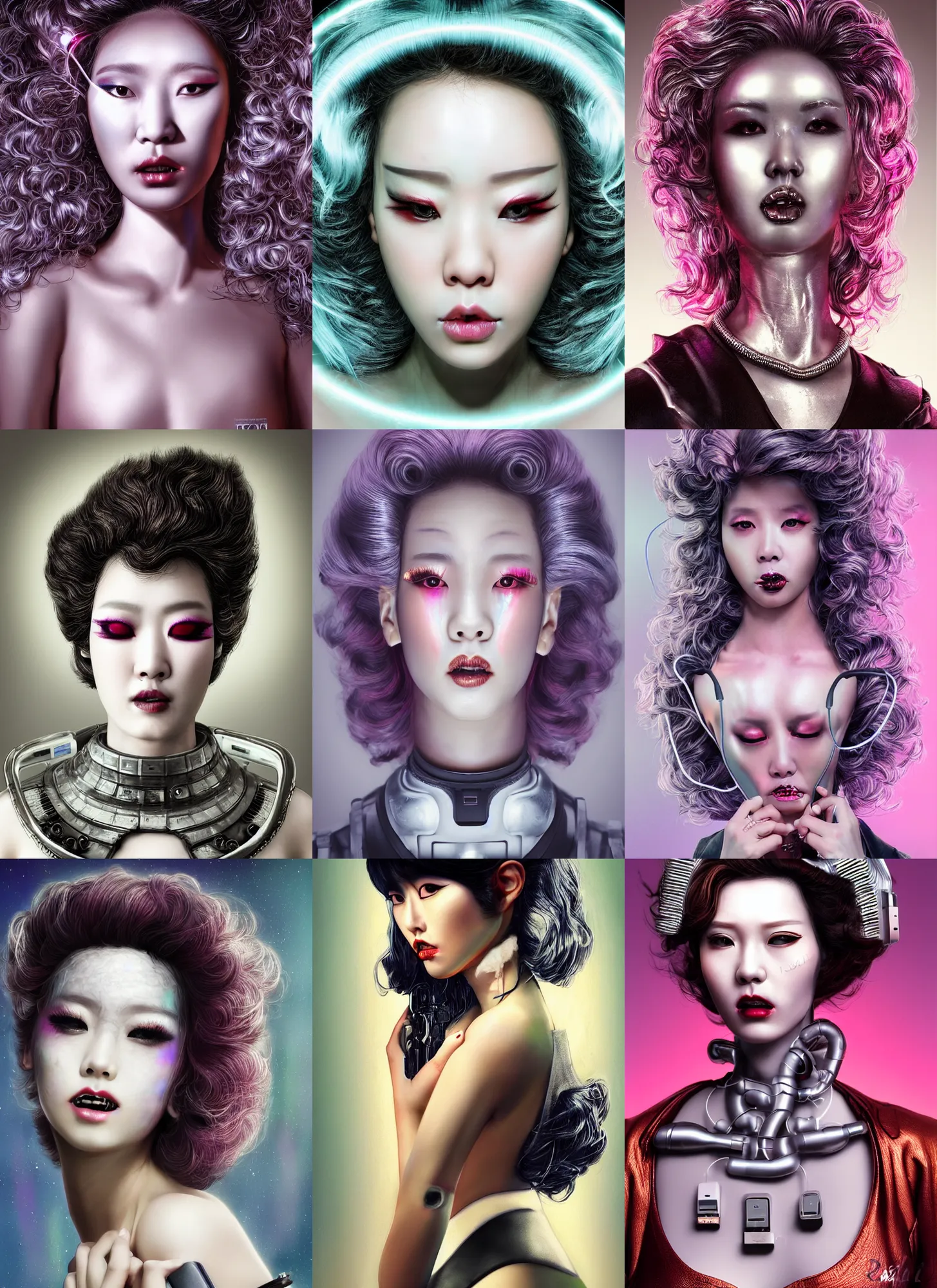 Prompt: korean roccoco sexy blind glamour android portrait with sci - fi makeup, chromatic skin, silver curly hair, eighties look, retro, beautiful lights, charging plug in the chest, vintage look, depth of field, angry mouth. hyper realistic, illustration, airbrush, 8 k, intricate, duo tone, art by david la chapelle and philip castle, artgerm