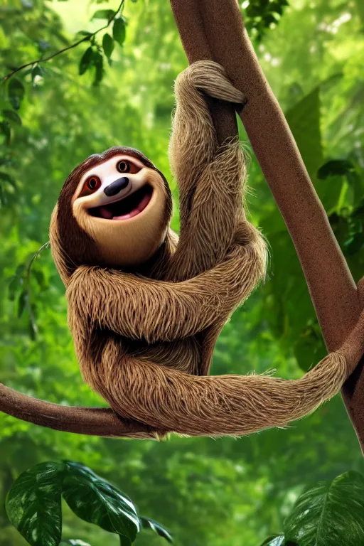 Image similar to one happy sloth climbing a tree in a tropical forest holding one cup of coffee on his hand . Pixar Disney 4K 3d render funny animation movie Oscar winning trending on ArtStation and Behance. Ratatouille style.