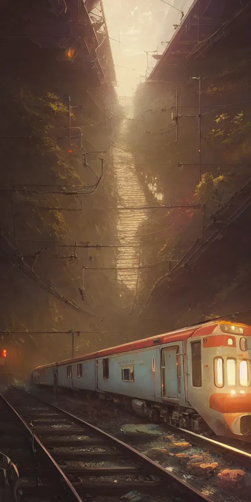 Image similar to highly detailed train in gta v, stephen bliss, unreal engine, fantasy art by greg rutkowski, loish, rhads, ferdinand knab, makoto shinkai and lois van baarle, ilya kuvshinov, rossdraws, tom bagshaw, global illumination, radiant light, detailed and intricate environment