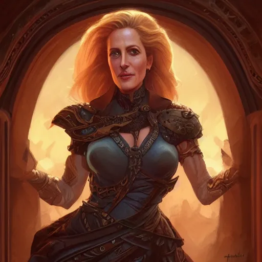 Image similar to gillian anderson, d & d, fantasy, intricate, elegant, highly detailed, digital painting, artstation, concept art, matte, sharp focus, illustration, hearthstone, art by artgerm and greg rutkowski and alphonse mucha