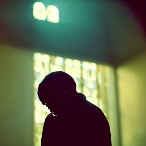 Prompt: a photo of kendrick lamar grieving at a church, dramatic, ektachrome, vintage, wide angle, warm color palette, light mode, 2. 5 - dimensional, 1 6 k, ultra - hd, megapixel, cga, rays of shimmering light, screen space reflections