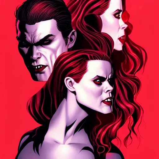 Image similar to vampire : : rafeal albuquerque comic art, artgerm : : gorgeous amy adams : : sharp teeth, open mouth sneer : : symmetrical face, symmetrical eyes : : gorgeous red hair : : magic lighting, low spacial lighting : :