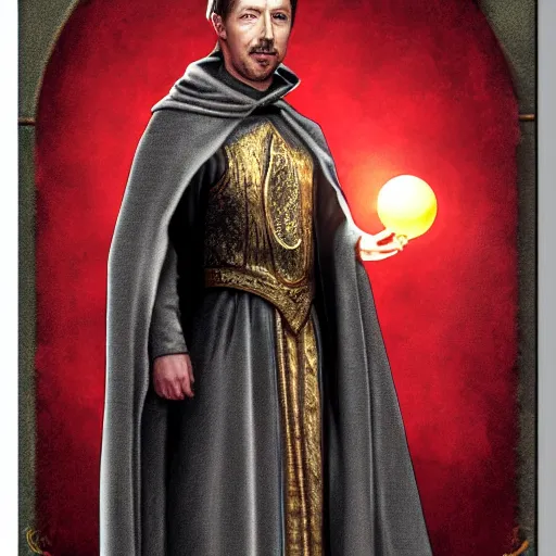 Image similar to petyr baelish smirking dressed in grey robes with red and gold trim, slightly turned to the right, ultra detailed, photorealistic, holding a crystal ball, magic the gathering style art, standing with a black background, high quality,