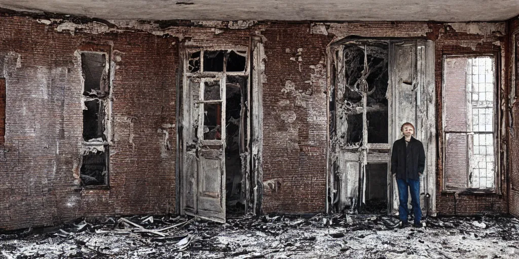 Prompt: detailed analog medium format photo made by tarkovsky, polaroid photo of a man standing outside abandoned building in country while it burns away, high production value, intricate details, 8 k resolution, hyperrealistic, hdr, photorealistic, high definition, tehnicolor, award - winning photography, masterpiece, amazing colors