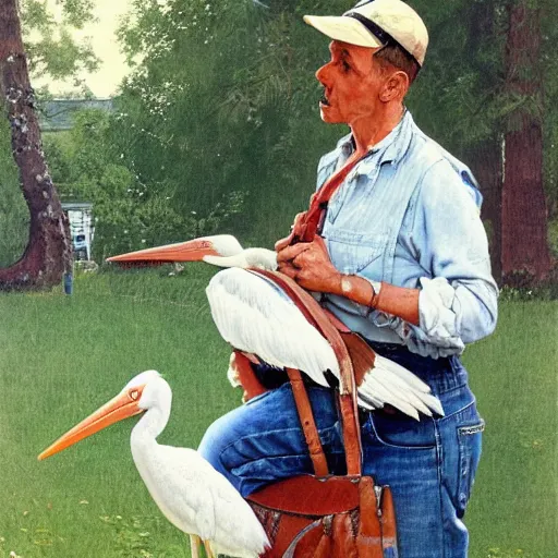 Prompt: a stork is carrying a human baby with a bag in its mouth. a man is chasing the stork away with a shotgun. they're in a trailer park. norman rockwell painting. highly detailed, high quality, 8 k, soft lighting, realistic face, path traced