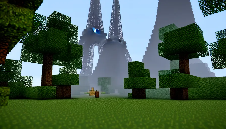 Image similar to minecraft screenshot of the eiffel tower in the middle of a forest, bokeh, high quality, promotional photograph, enb, godrays, ultra render, anti aliasing, post processing