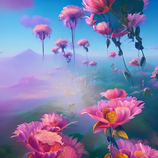 Image similar to retro painting of surreal waiizi flowers, by ross tran, highly detailed, hyperrealism, excellent composition, cinematic concept art, dramatic lighting, trending on artstation