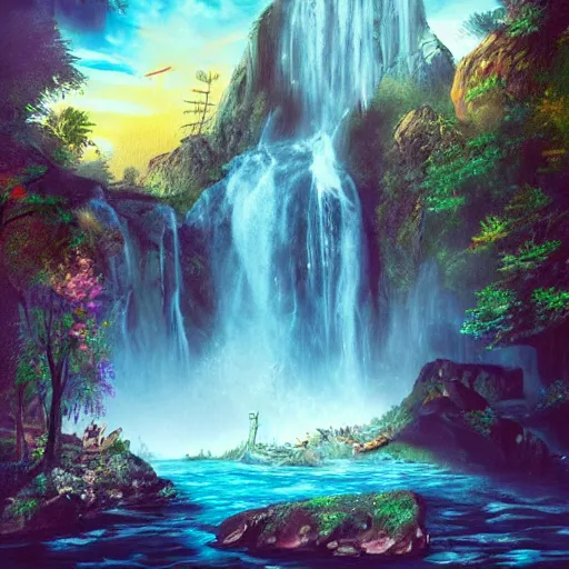 Image similar to a old chatedral and waterfalls, retrowave art, trending on art station