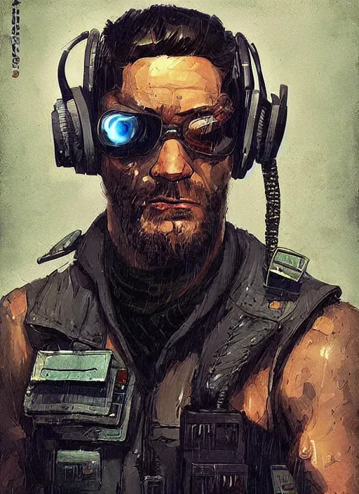 Image similar to Menacing Ivan. buff cyberpunk russian mercenary wearing a cyberpunk headset, military vest, and pilot jumpsuit. square face. Realistic Proportions. Concept art by James Gurney and Laurie Greasley. Moody Industrial skyline. ArtstationHQ. Creative character design for cyberpunk 2077.