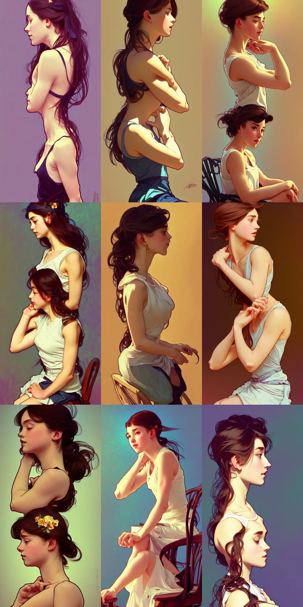 Prompt: girl sitting on a chair, hands in her hair, wearing a low cut tanktop and short skirt. side-view, highly detailed, digital painting, artstation, concept art, smooth, sharp focus, illustration, art by artgerm and alphonse mucha, high definition digital art, in the style of Ross tran and ilya kuvshinov