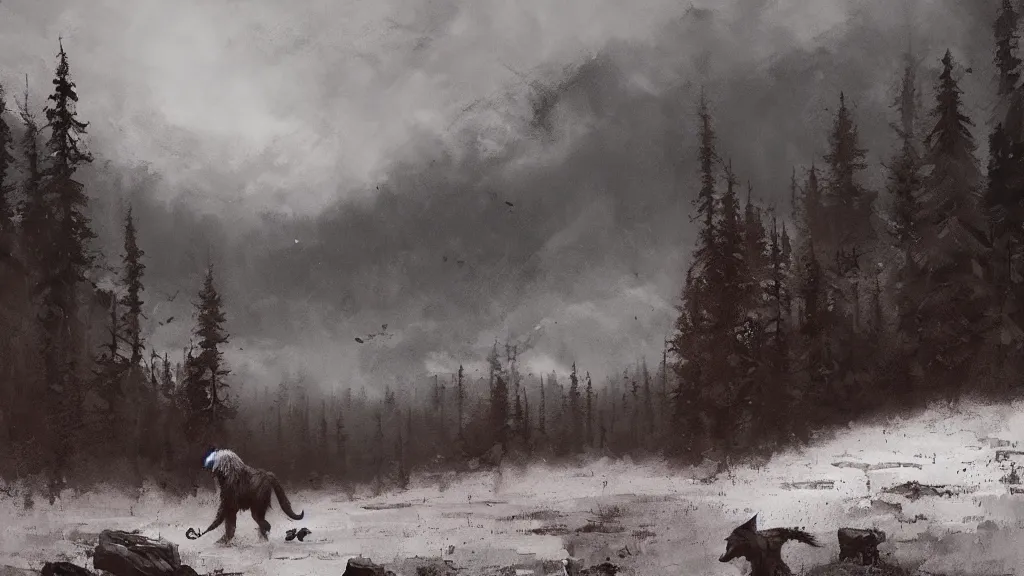 Prompt: a lone werewolf in a stunning landscape by jakub rozalski