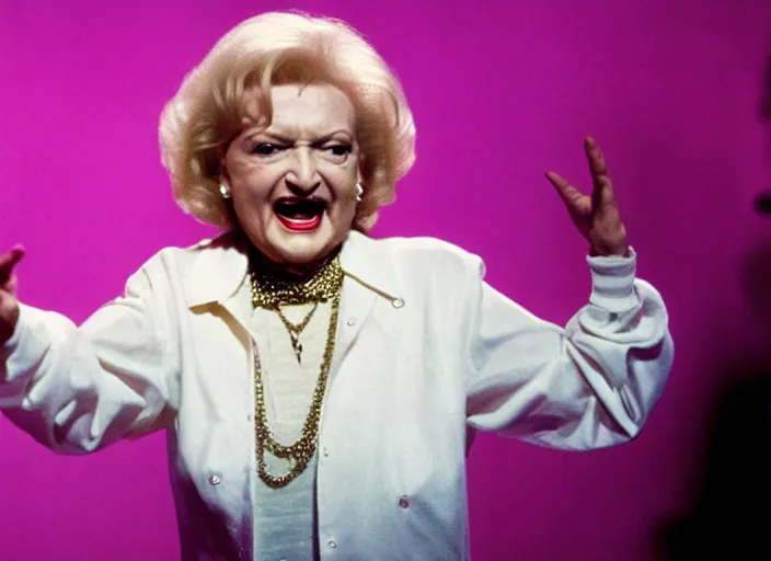 Image similar to publicity photo still of betty white as a gangsta rapper live on stage, 8 k, live concert lighting, mid shot