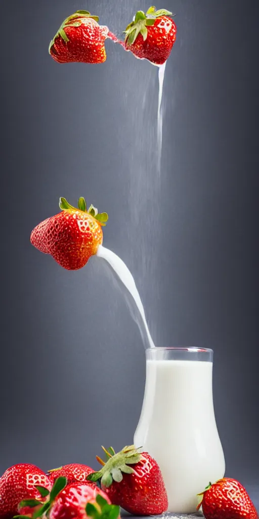 Image similar to a close up photo of milk pouring over a strawberry, macro, highly detailed, blurred background, studio lighting,