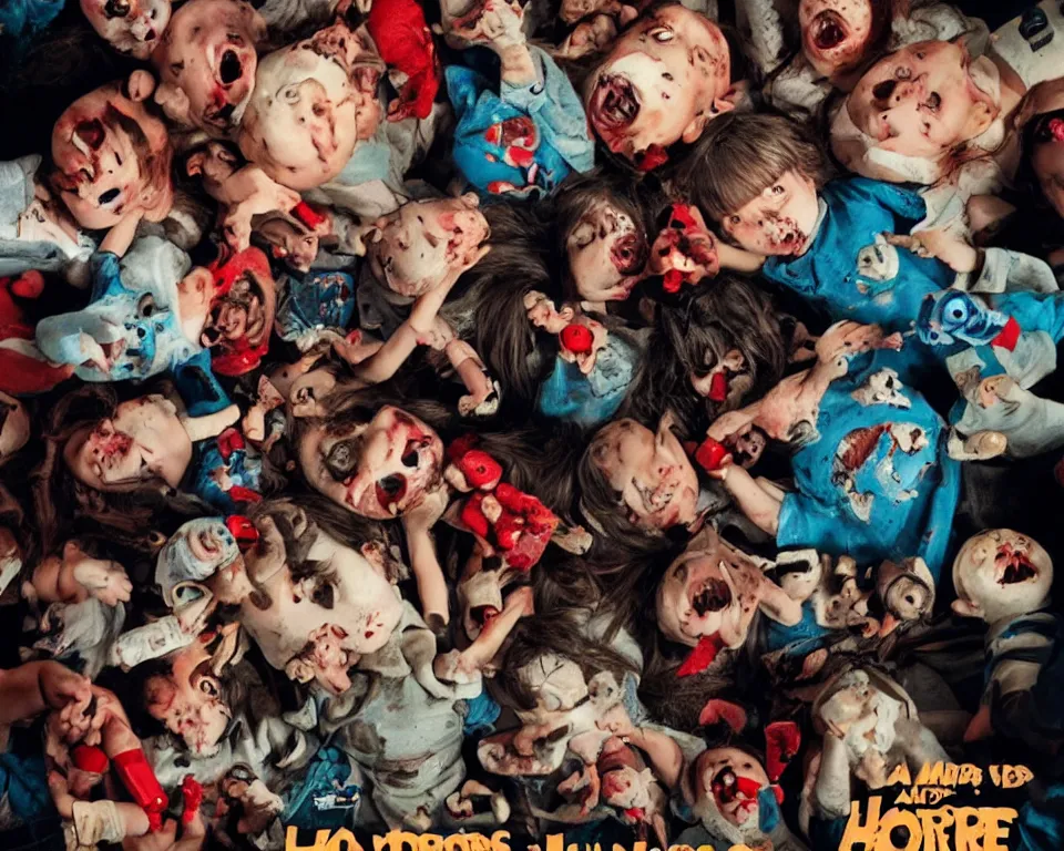 Image similar to a horror movie poster featuring children getting killed by toys