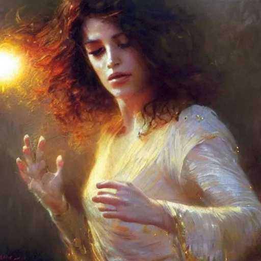 Image similar to a woman with wavy brown hair summons a ball of light into her hands. dramatic. cinematic. holy. saintly. demigod. detailed. sharp. photo realistic. realism. gaston bussiere. phil hale