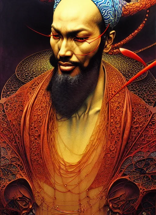 Prompt: detailed image of Jabir Avicenna Ibn Sina by Ayami Kojima, Amano, Karol Bak, Greg Hildebrandt, and Mark Brooks, rich deep gold colors. Beksinski painting, part by Adrian Ghenie and Gerhard Richter. art by Takato Yamamoto. masterpiece . intricate artwork by Tooth Wu and wlop and beeple, greg rutkowski, very coherent symmetrical artwork, cinematic, hyper realism, high detail, octane render, unreal engine, 8k, Vibrant colors, Smooth gradients, High contrast, depth of field. by Katsuhiro Otomo, full body character drawing, inspired by Evangeleon, clean ink detailed line drawing, intricate detail, extremely detailed. painting by Arthur Rackham, Eugene de Blaas, Frederic Leighton