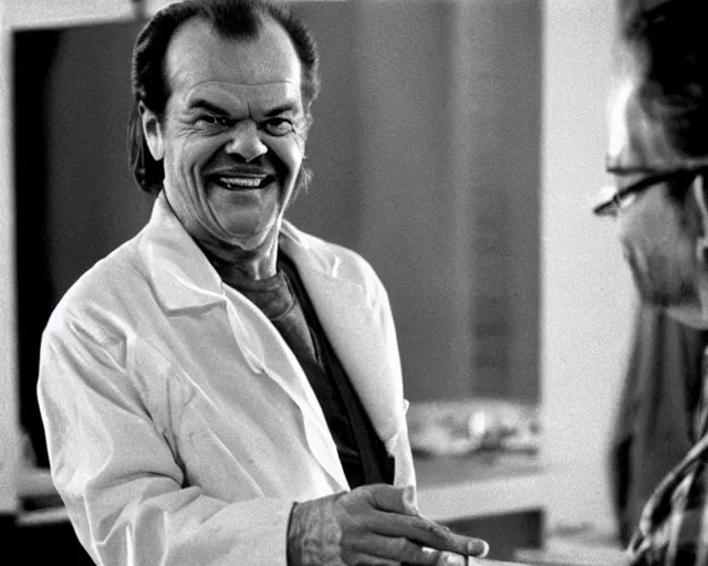 Image similar to jack nicholson plays termiantor, scene where his endoskelet gets exposet