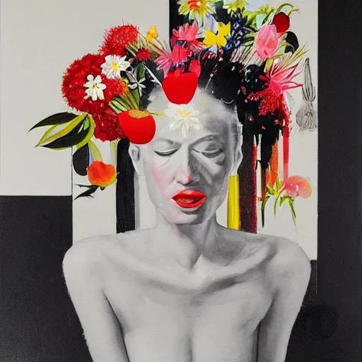 Prompt: “art in an Australian artist’s apartment, portrait of a woman wearing black silk cloth, eating luscious fresh raspberries and strawberries and blueberries, white wax, edible flowers, Japanese pottery, Australian native flannel flowers ikebana, black walls, acrylic and spray paint and oilstick on canvas”