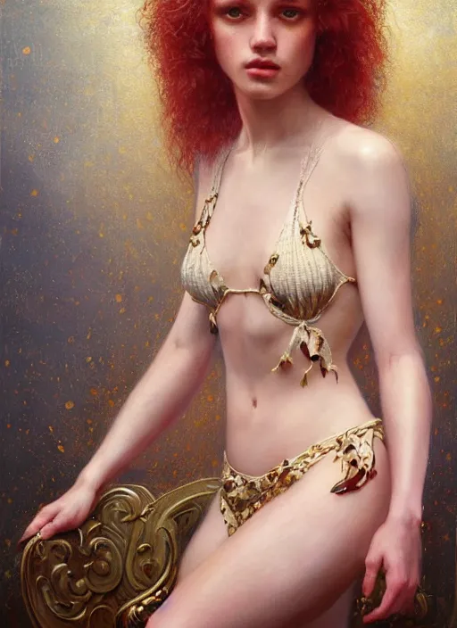 Prompt: highly detailed oil painting | very intricate | cinematic lighting | award - winning | strawberry cheese cake bikini fashion by alexander mcqueen | by roberto ferri, by tom bagshaw, by j. c. leyendecker and klimt, american romanticism, by austin osman spare, artstation, cgsociety, official art, octane