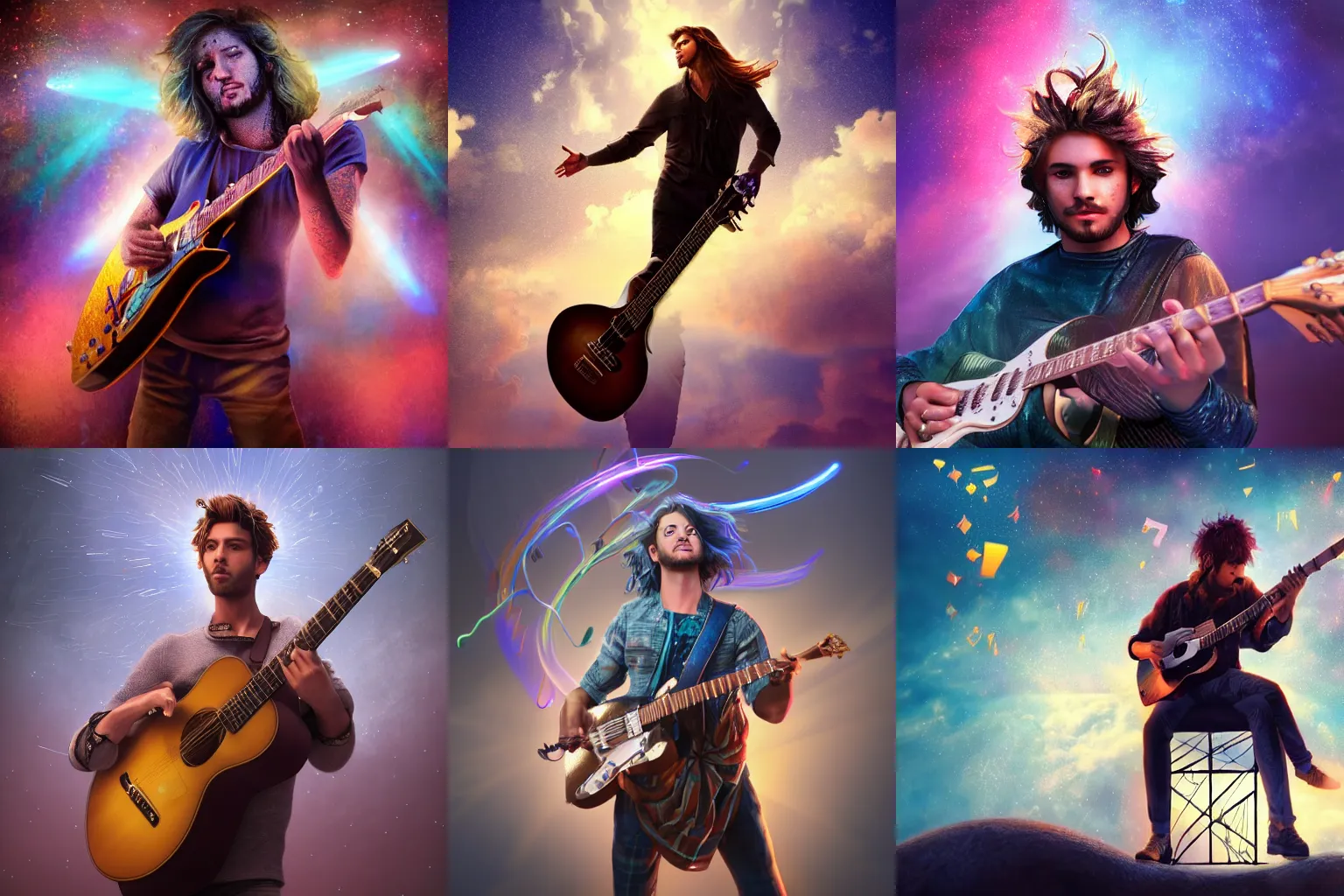 Prompt: a beautiful male human god of guitars character, character is in all its glory, character is centered on the image, character is flying, rim lights, magic in the air, fancy clouds, highly detailed professional photo, dynamic lights, particles are flying, depth of field, trending on artstation, illustration, hyper realistic, vray caustics, super detailed, colorful accents, cinematic shot