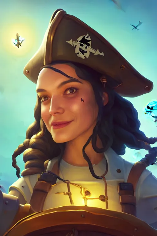 Image similar to a pritate with an astronaut helmet with long black hair on a pirate ship, d & d, sea of thieves, fantasy digital painting, trending on artstation, concept art, sharp focus, illustration, global illumination, ray tracing, realistic shaded, art by artgerm and greg rutkowski and fuji choko and viktoria gavrilenko and hoang lap