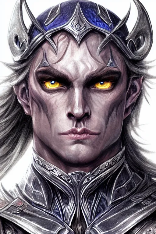 Image similar to head and shoulders portrait of an eldrich knight, drow, dark elf, shadar kai, breastplate, magical, male, high fantasy, d & d, by magali villeneuve, face details, extremely detailed, digital illustration