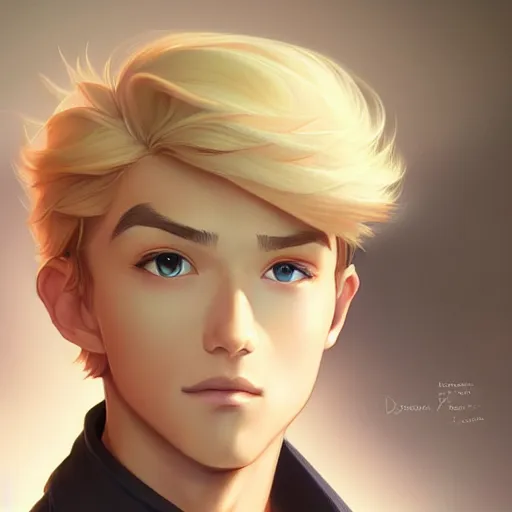 Prompt: young man with short, ash blond hair, path traced, highly detailed, high quality, digital painting, by don bluth and ross tran and studio ghibli and alphonse mucha, artgerm, 4 k, fantasy painting, sylvain sarrailh