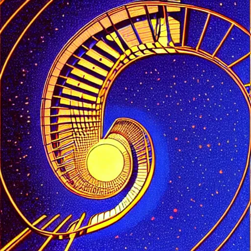 Prompt: big spiral stairways, inhabited on many levels, there are many doors, flying birds, by jean giraud, shining light, strong perspective, clear geometry, architecture, Award winning. Masterpiece, detailed illustration