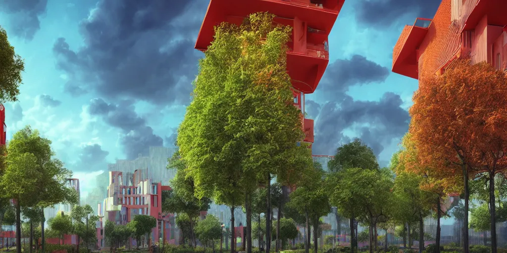 Prompt: a bright and colorful forest with a single building based on the architecture of ricardo bofill within an urban megacity, sci - fi, light blue sky with clouds, dramatic matte painting, cinematic lighting, style by vincent van gogh, 8 k, octane render, photorealistic, hyperrealism