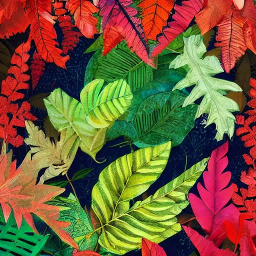 Image similar to a rainforest, lushious leaves, beautiful colors, illustration, colored pencil, concept art, digital art, cinematic, cool color palette, 8 k, hd