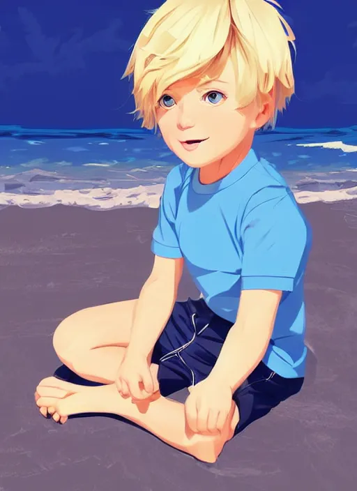 Prompt: a little boy with tousled blonde hair sitting on the beach. clean cel shaded vector art. shutterstock. behance hd by lois van baarle, artgerm, helen huang, by makoto shinkai and ilya kuvshinov, rossdraws, illustration, art by ilya kuvshinov