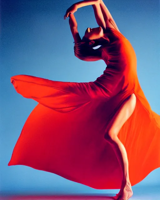 Image similar to expressively dancing on a bold James Turrell lit stage, a beguiling modern dancer dynamic Pantene gorgeous long luxurious hair flowing and flipping, high fashion photograph, isolated on vivid orangered, By Steven Meisel, by WLOP