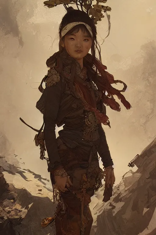 Image similar to A full portrait of a beautiful post apocalyptic Chinese explorer, intricate, elegant, highly detailed, digital painting, artstation, concept art, smooth, sharp focus, illustration, art by Krenz Cushart and Artem Demura and alphonse mucha