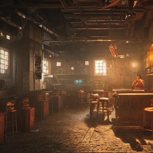 Image similar to ultra mega super hyper realistic Digital concept art of Cyberpunk tavern mixed with medieval style. Rendered in VRAY and DaVinci Resolve and MAXWELL and LUMION 3D, Volumetric natural light