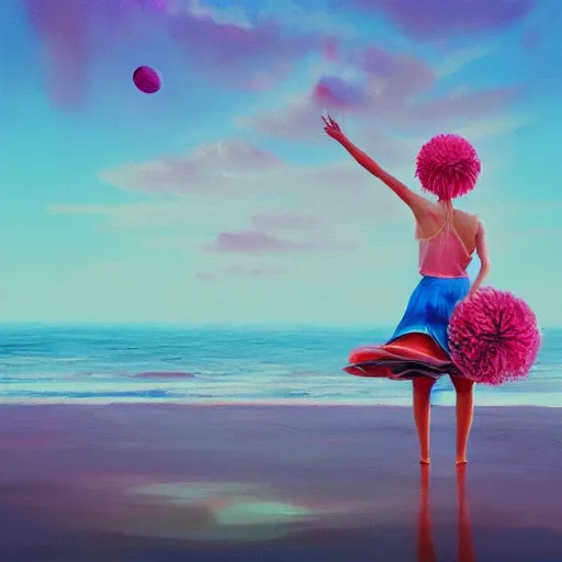 Image similar to portrait, giant rose flower head, girl dancing at the beach, surreal photography, sunrise, blue sky, dramatic light, impressionist painting, digital painting, artstation, simon stalenhag