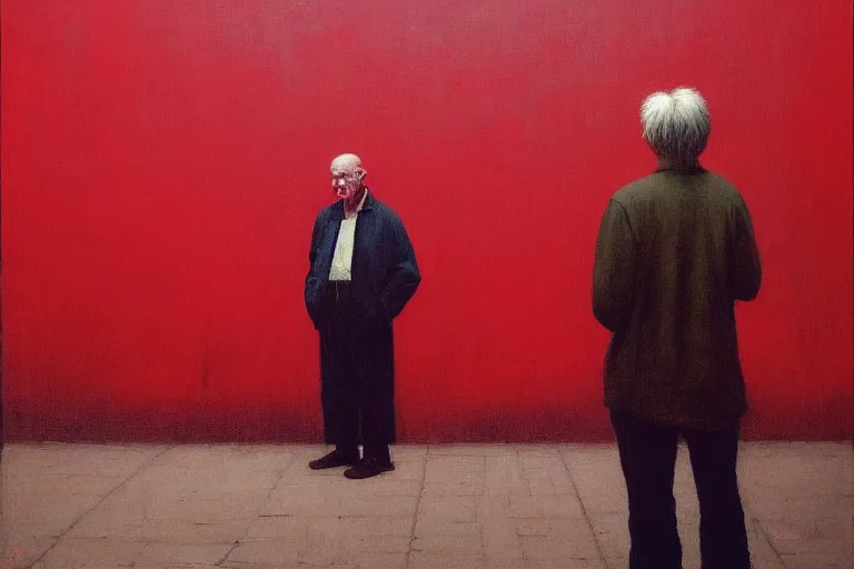 Image similar to only with red, a red old man try to sell a portrait, cheering crowd, in a old city square, in the style of beksinski, parts by edward hopper, parts by rodcenko, parts by yue minjun, intricate and epic composition, red by caravaggio, insanely quality, highly detailed, masterpiece, red light, artstation, 4 k