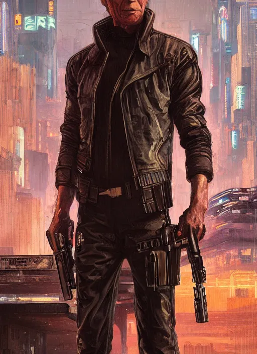 Image similar to clint eastwood. cyberpunk mercenary in a cyberpunk jumpsuit ( blade runner 2 0 4 9, cyberpunk 2 0 7 7 ). orientalist portrait by john william waterhouse and james gurney and theodore ralli and nasreddine dinet, oil on canvas. cinematic, hyper realism, realistic proportions, dramatic lighting, high detail 4 k