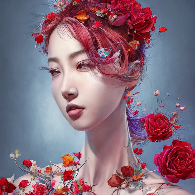 Prompt: studio portrait absurdly beautiful, elegant, graceful, young hypercolorful contrast korean gravure idol rubies and red petals, ultrafine hyperrealistic detailed face illustration by kim jung gi, irakli nadar, intricate linework, sharp focus, bright colors, matte, octopath traveler, final fantasy, unreal engine highly rendered, global illumination, radiant light, intricate environment