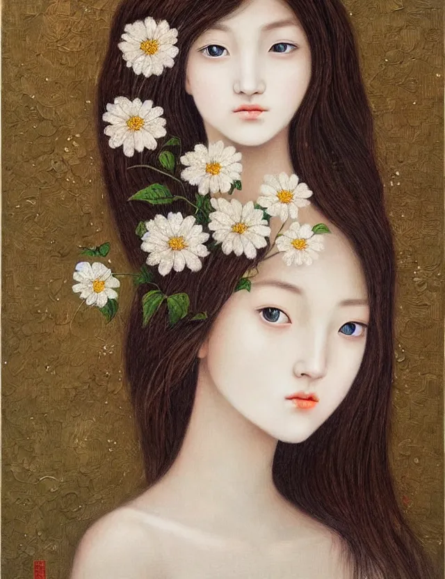 Prompt: flower girl, wonderful eyes, her loose hair, delicate, intricate details, a real masterpiece, oil on canvas, author li zhang