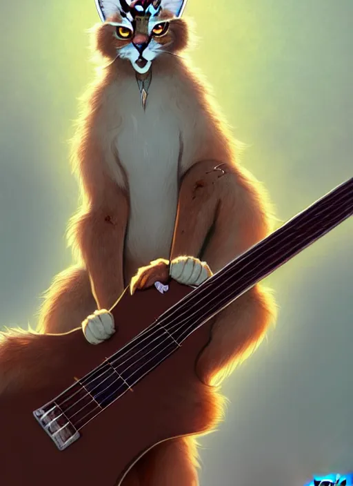 Image similar to cute fluffy caracal in pants sitting politely with electric guitar, facing the camera, anime art style, portrait, high detail, sharp focus, digital painting, artstation, concept art, art by hayao miyazaki and artgerm and greg rutkowski and alphonse mucha.