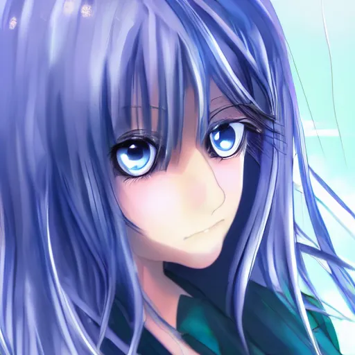 Image similar to (anime girl), steel blue symmetric eyes 24yo, studio, annie leibowit