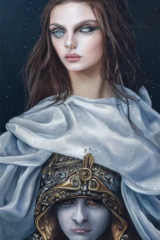 Image similar to hyperrealism oil painting, close - up portrait of european medieval brunette vampire fashion model, knight, steel gradient mixed with nebula sky, in style of baroque