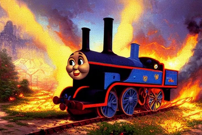 Prompt: thomas kinkade painting of thomas the tank engine on fire at high speeds