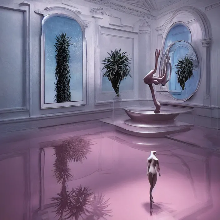 Prompt: hyperrealistic geometric objects in a surreal minimalistic dreamscape environment by salvador dali, enormous pink mannequin head statue, highly detailed, 3 d render, octane, beautiful lighting, photorealistic, intricate, elegant, wayne barlowe, water, mirrors, doorway, beautiful, masterpiece, trending on artstation, artgerm, checkered floor, palm tree