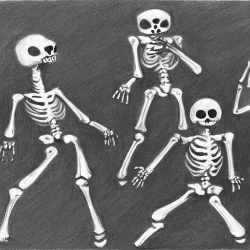 Prompt: skeletons dancing around a fire, black and white, charcoal sketch
