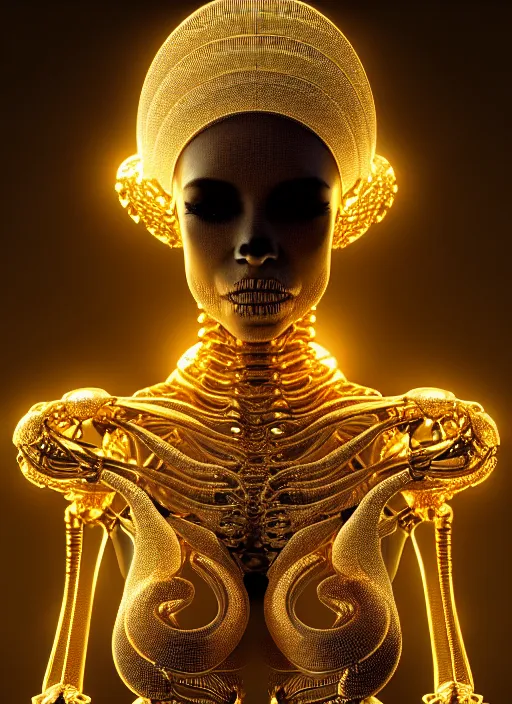 Prompt: portrait of an absurdly beautiful, graceful, sophisticated, fashionable futuristic female golden skeleton with sections of skin showing, glowing internal warm light, hyperdetailed illustration by irakli nadar and alexandre ferra, intricate linework, faberge, intricate gold headdress, dark atmosphere, unreal engine 5 highly rendered, global illumination, radiant light, detailed and intricate environment