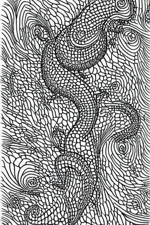 Prompt: lizard, repeating patterns, fractal, ink drawing, line art colouring page